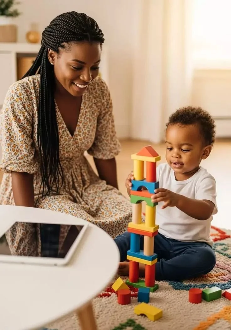 A woman and a young child playing with colorful building blocks on a carpet in a living room.