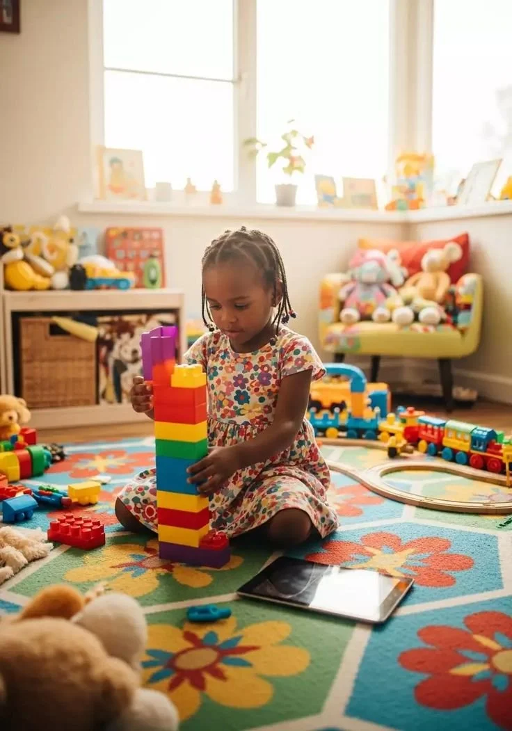 A young girl in a floral dress playing with colorful toy building blocks on a patterned rug in a bright room filled with stuffed animals, toys, and framed pictures.