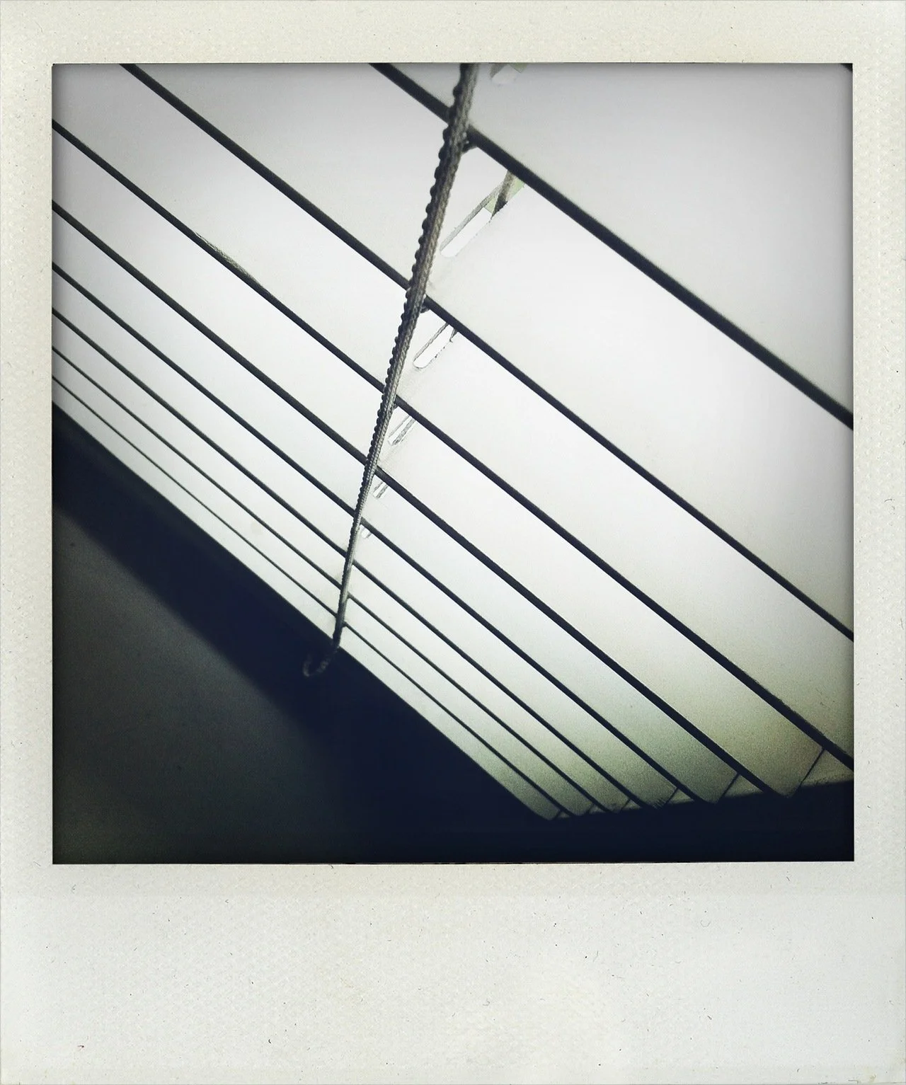 Close-up of a window with white blinds and a hanging pulling cord.