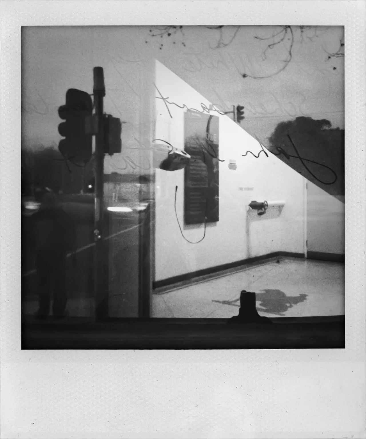 Reflection of a person taking a photo in a museum display case, with some art and objects visible inside and outside the case.