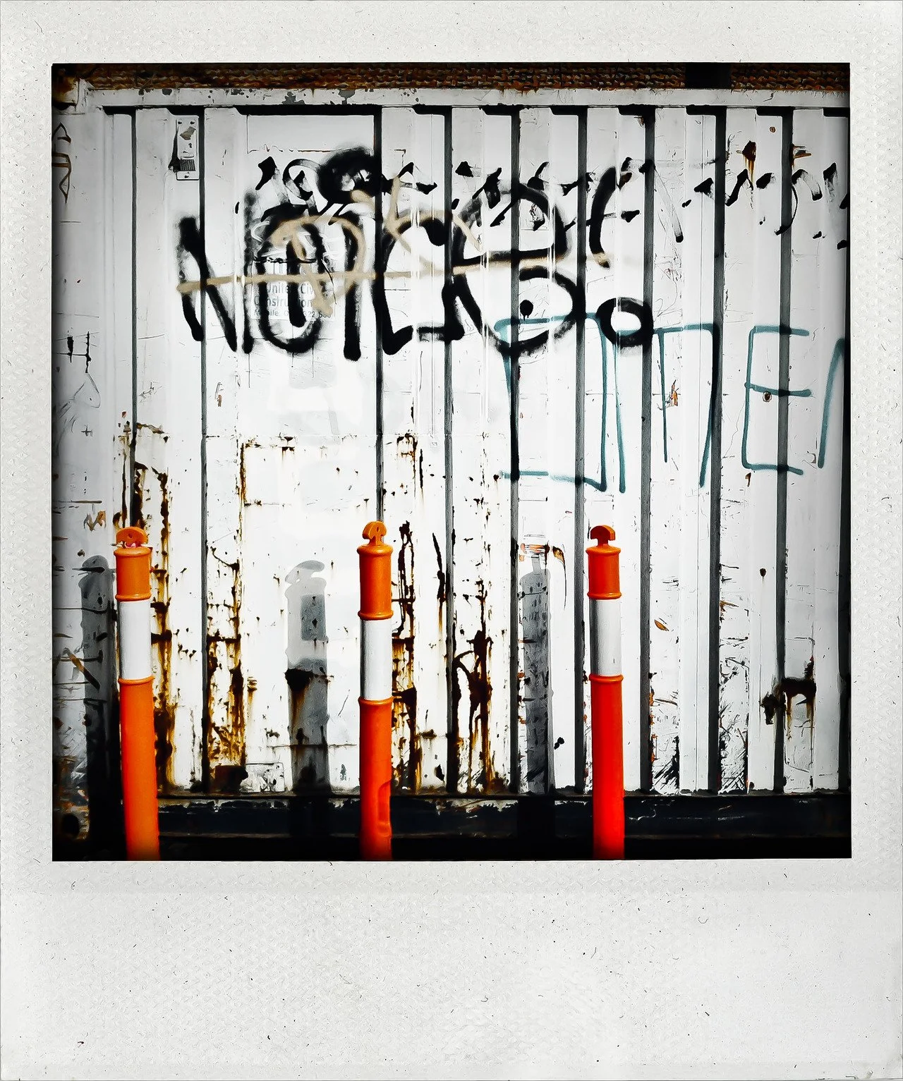 Rusty white metal garage door with black spray-painted graffiti that says "NO TRESPASSING" and orange parking bollards in front.