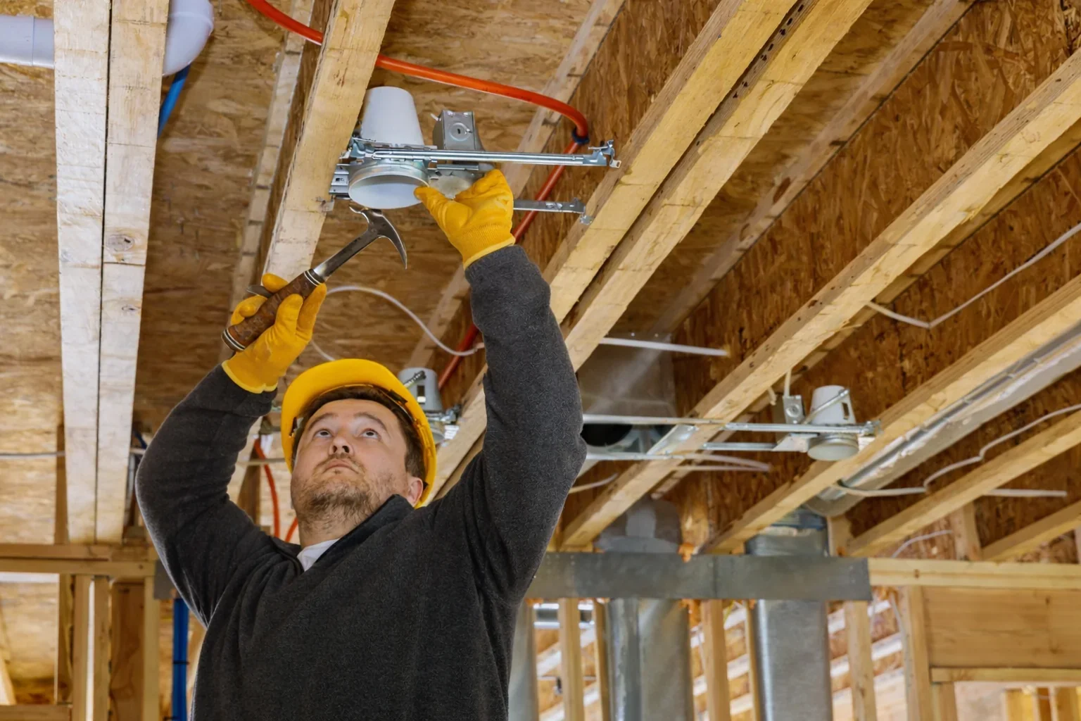 Electrician instaling light socket in new construction, with hammer and gloves in open ceiling before drywall