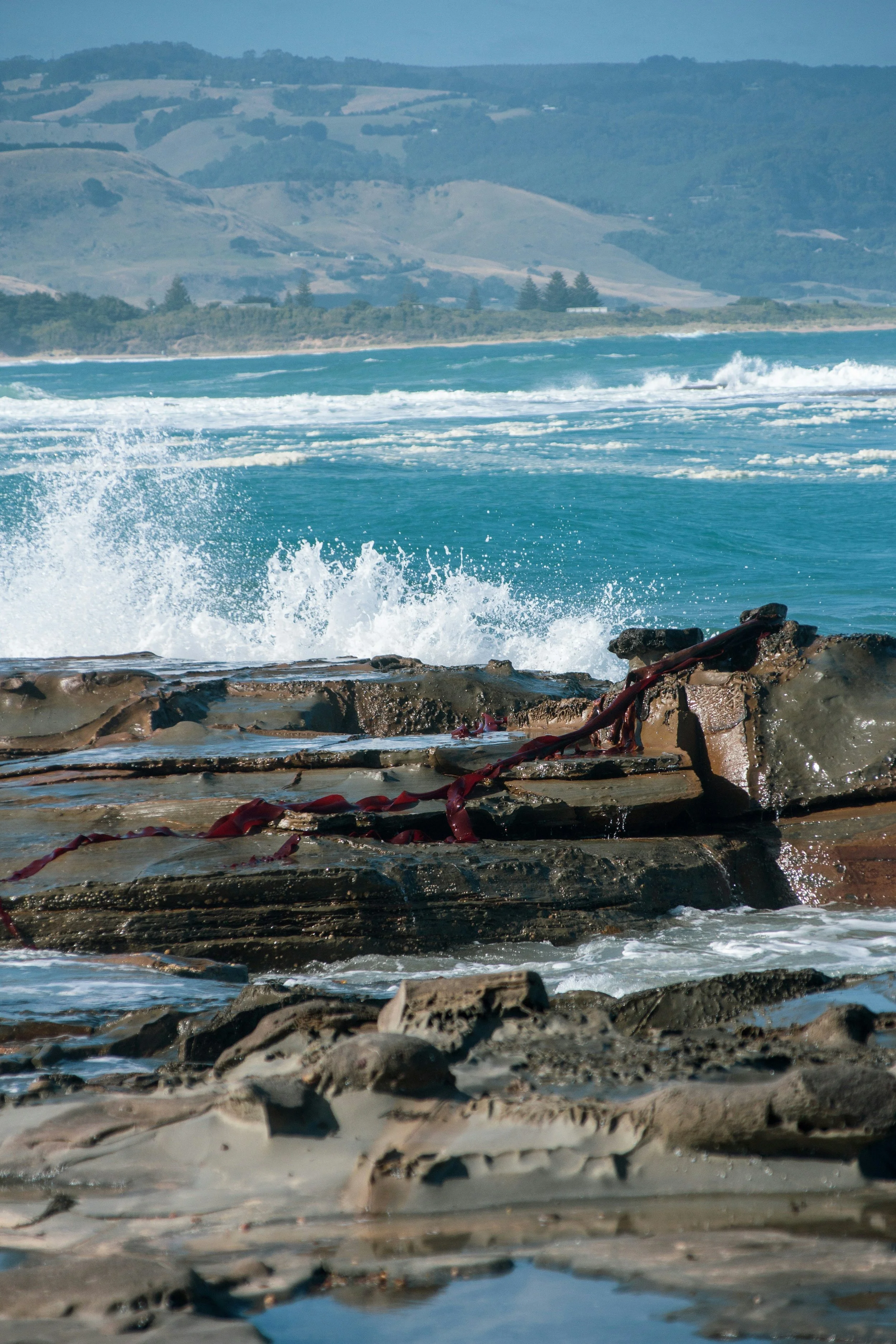 Ocean waves crashing against rocks on a shoreline with hills and trees in the background.