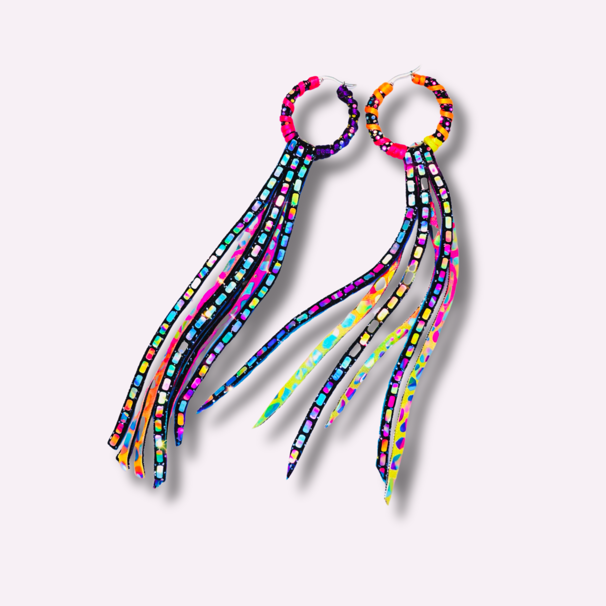 Jellyfish Fringe - Long Rainbow Holographic Fiber Art Fringe Drop Earrings⁠
