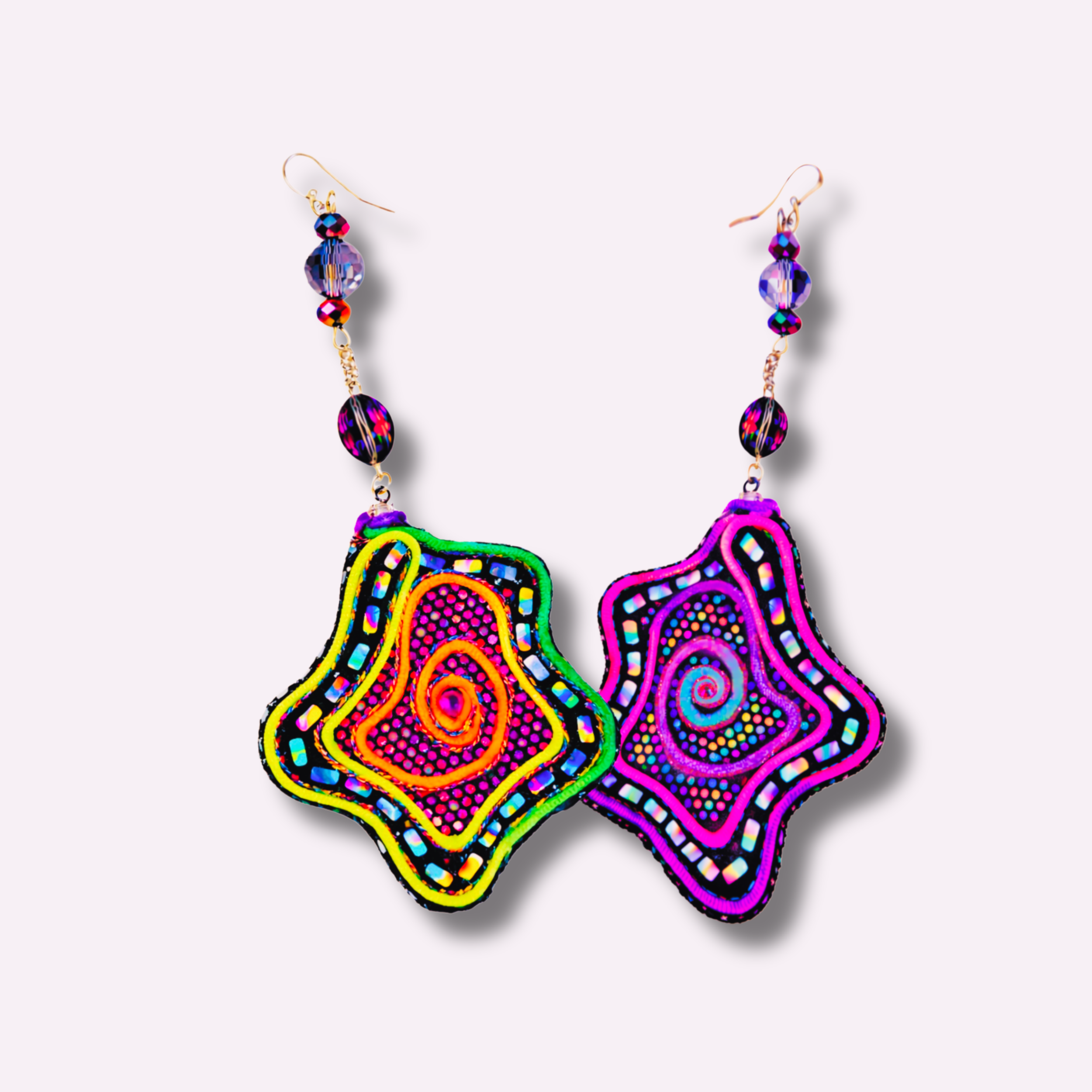 Anemone - Neon & Holographic Asymmetrical Textile Collage Drop Earrings