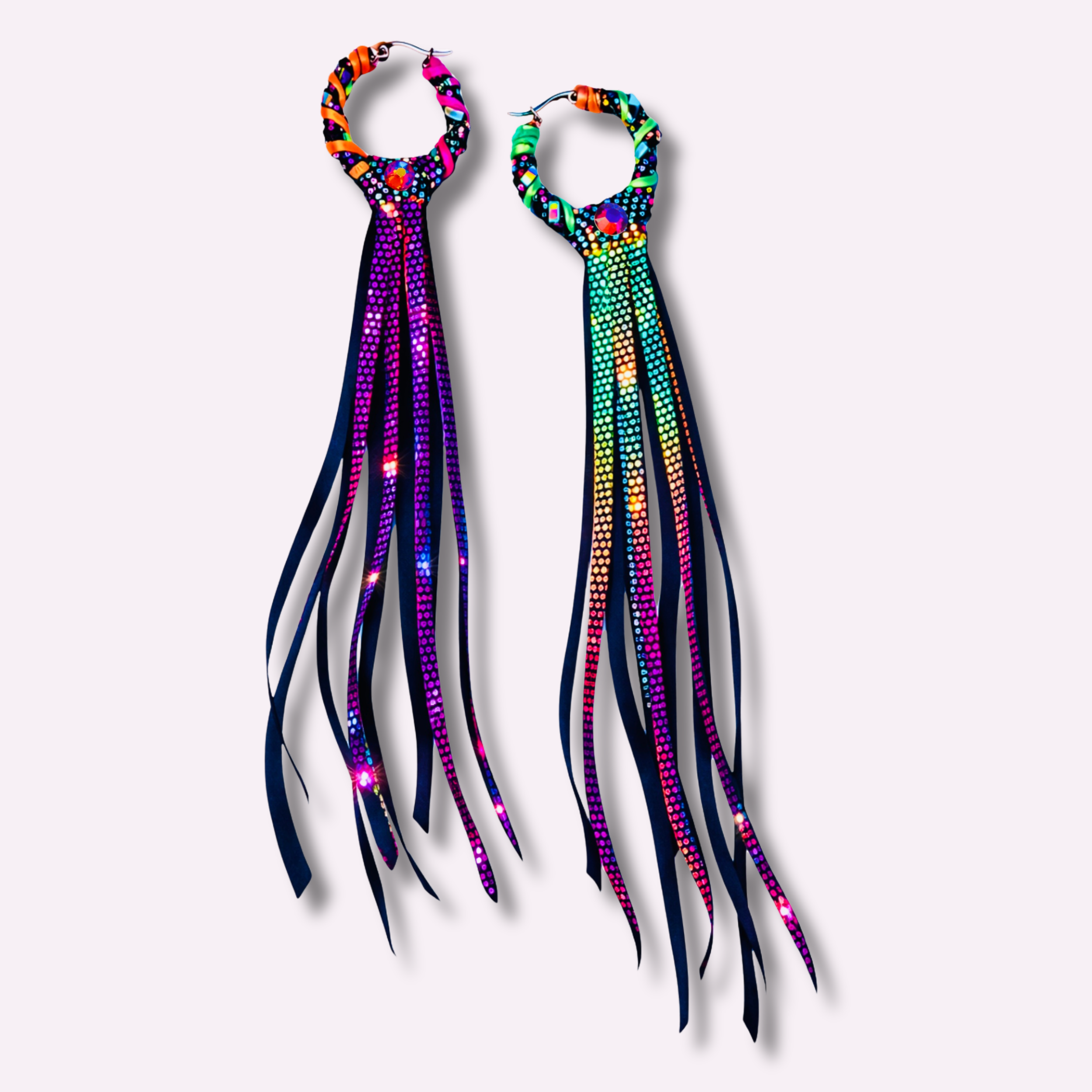 Sea Serpent Fringe  - Holographic Black Neon Fringe Statement Earrings
