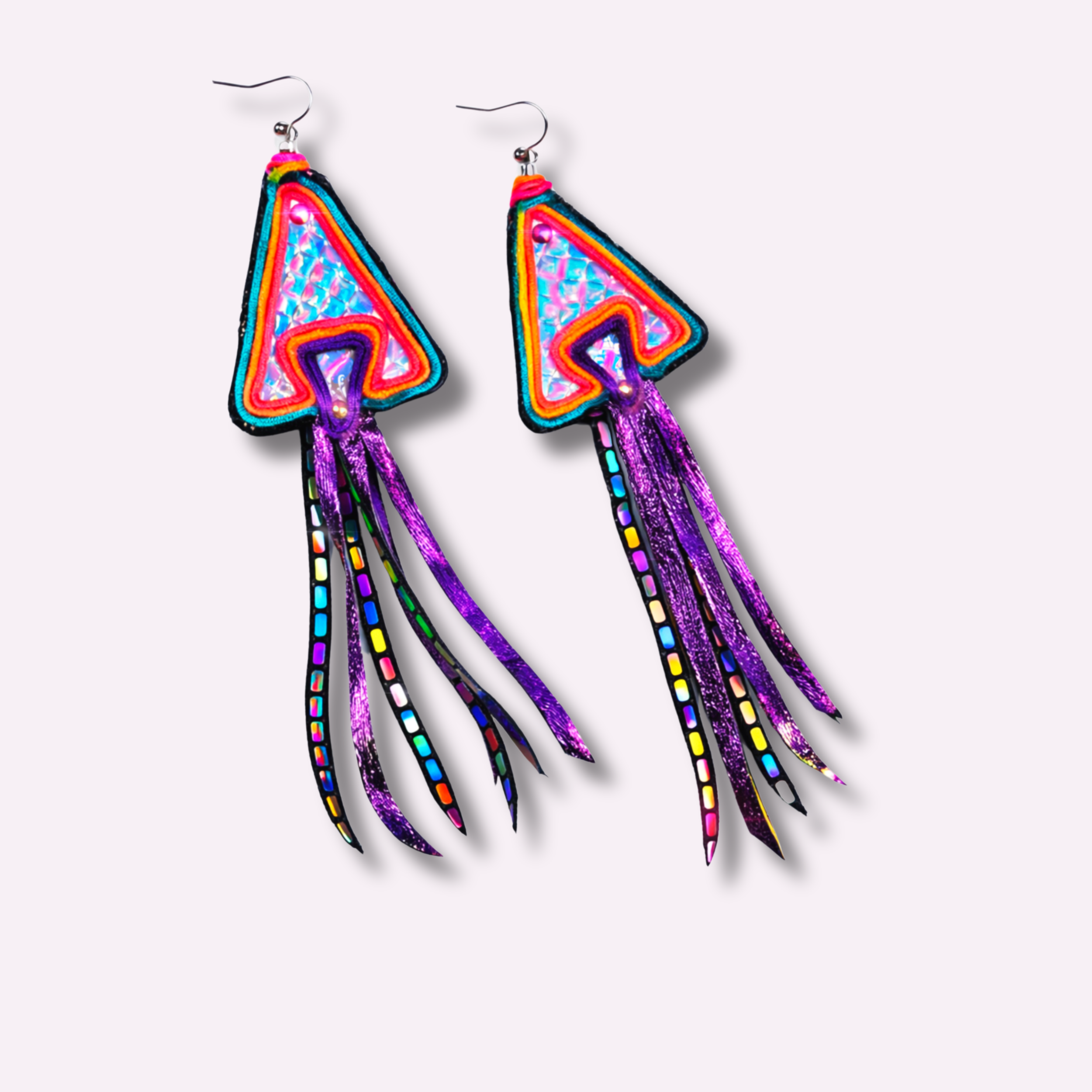 Cuttlefish - Neon Holographic Blue and Purple Geometric Pyramid Fringe Earrings