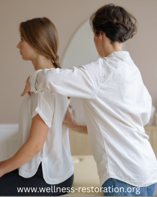 A person giving a shoulder massage demonstrating Electro-Lymphatic Therapy massage treatment that uses a combination of vibrational, light, and subtle waves to stimulate the lymphatic system.