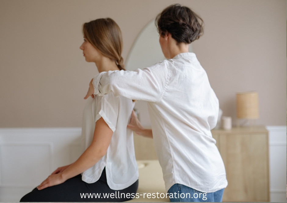 A person giving a shoulder massage demonstrating Electro-Lymphatic Therapy massage treatment that uses a combination of vibrational, light, and subtle waves to stimulate the lymphatic system at Wellness Restoration in Jackson, MS.