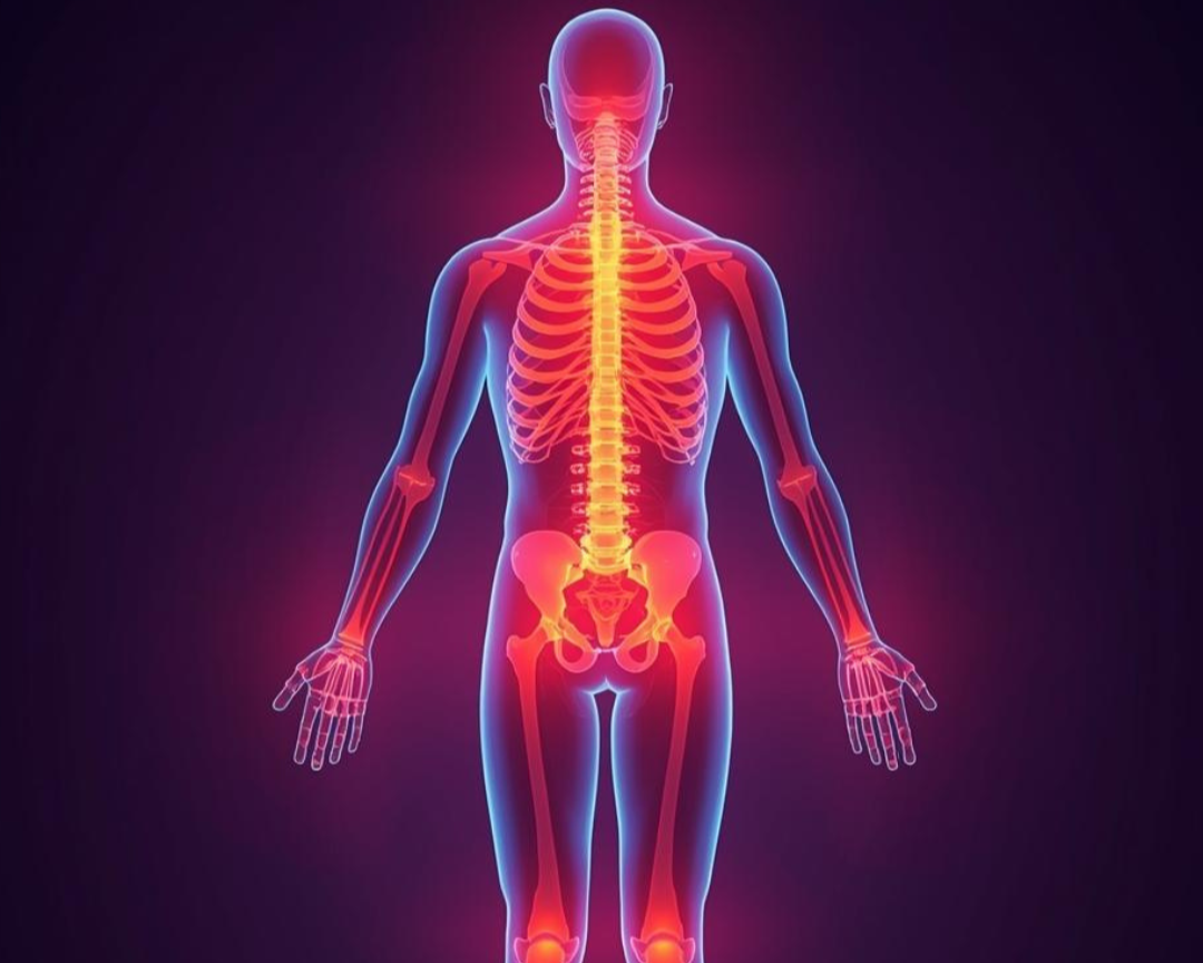 Colorful illustration of the human skeletal system with emphasis on heat areas symbolizing Equiscope at Wellness Restoration in Jackson, MS, which targets cellular healing in a way that greatly contrasts the traditional approach to pain management.