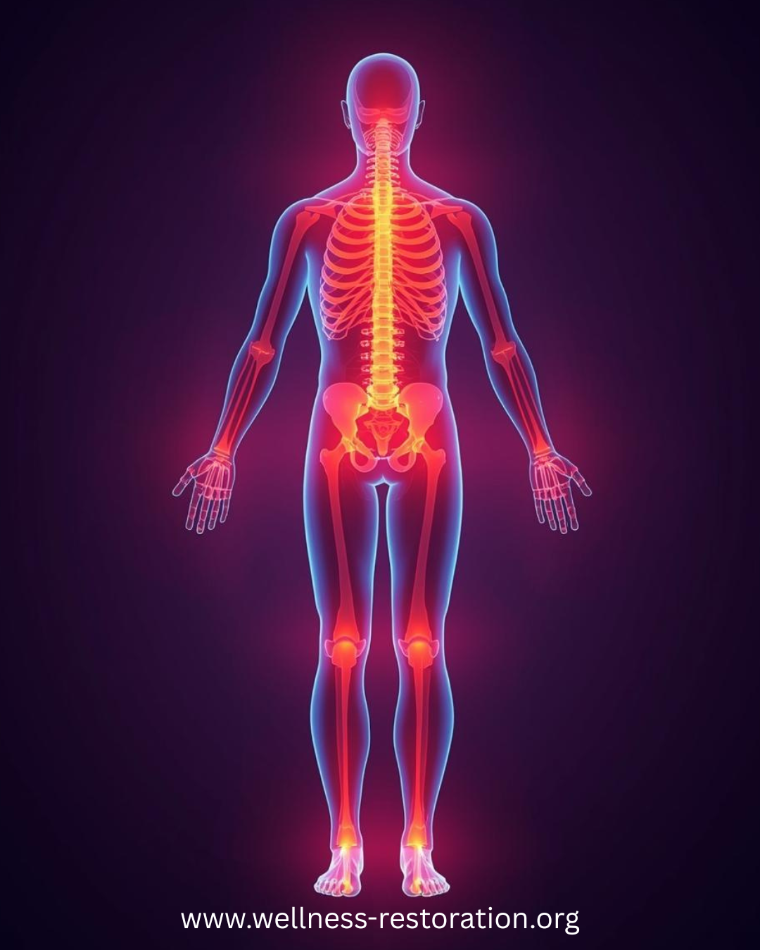Illustration of the human skeletal system with emphasis on heat areas symbolizing Equiscope at Wellness Restoration in Jackson, MS, which targets cellular healing in a way that greatly contrasts the traditional approach to pain management.