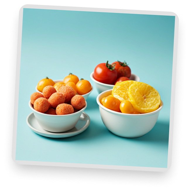 Assorted fresh fruits in white bowls, including tomatoes, orange slices, yellow cherry tomatoes, and orange fruit balls on a light blue background.