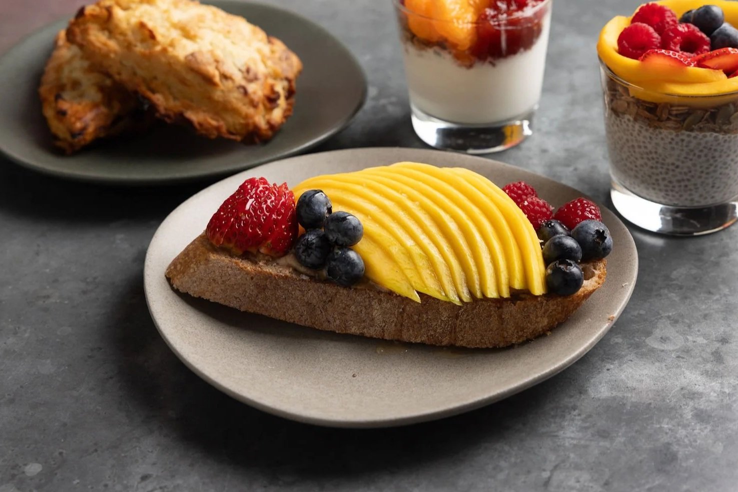 Almond butter toast on Acme's whole wheat levain