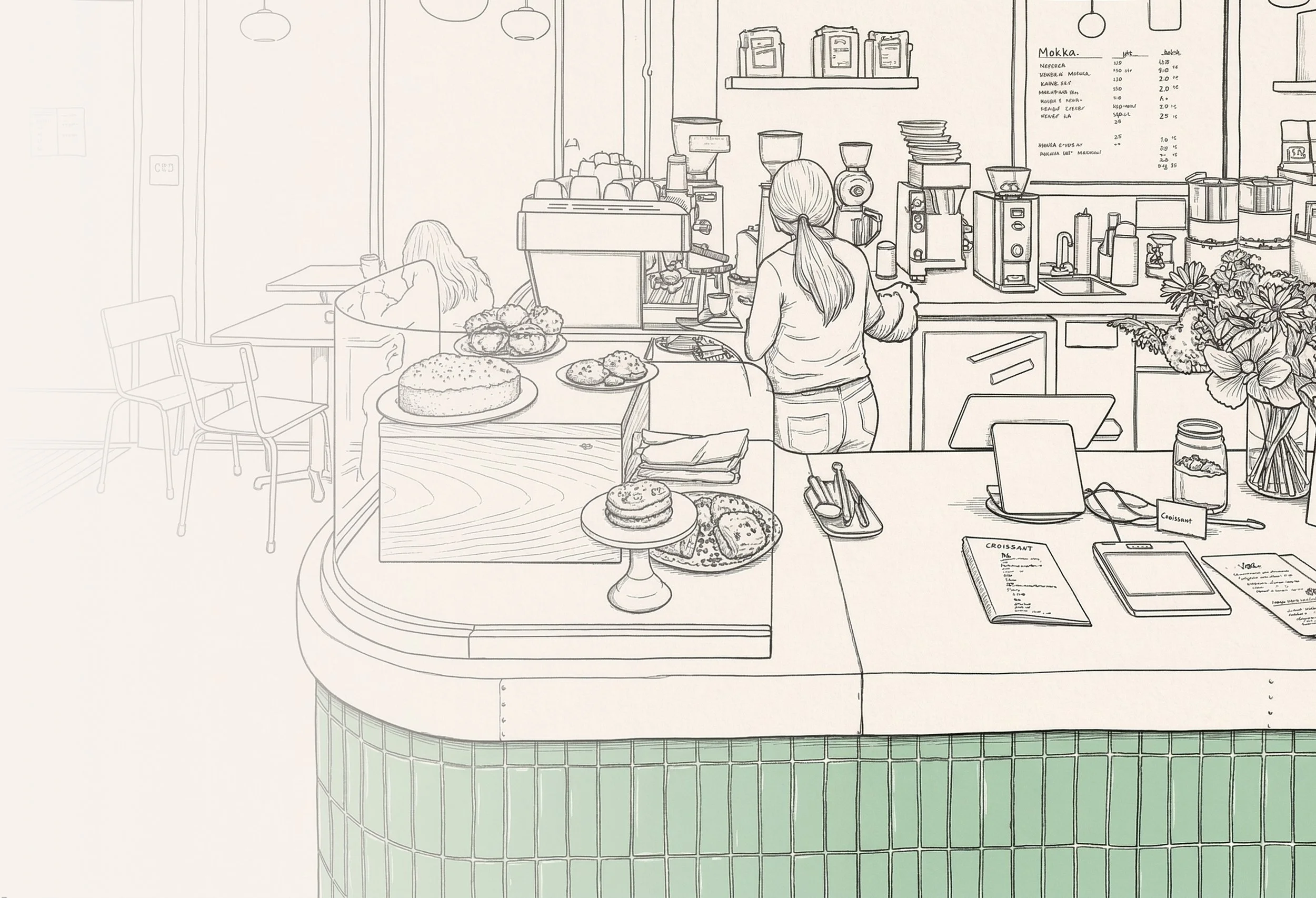 Evergreen Cafe_Berkeley, CA_A line drawing of a cozy café interior with a counter displaying pastries, a barista preparing drinks, and a customer sitting at a table, with a menu and flowers on the counter.