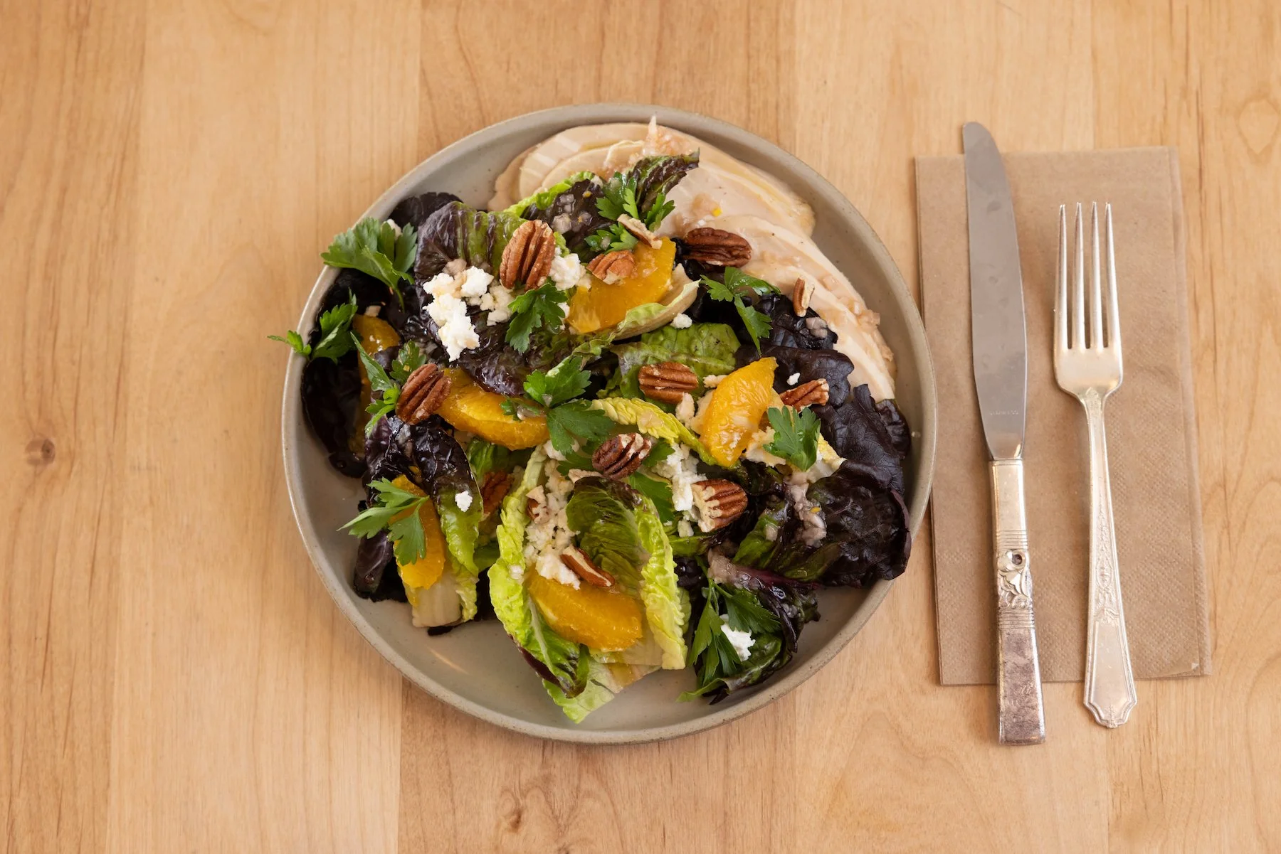 Roasted vegetables, arugula, feta, pecans, champagne vinaigrette