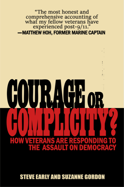 A yellow, black and red book cover depicting "Courage or Complicity: How Veterans are Responding to the Assault on Democracy"
