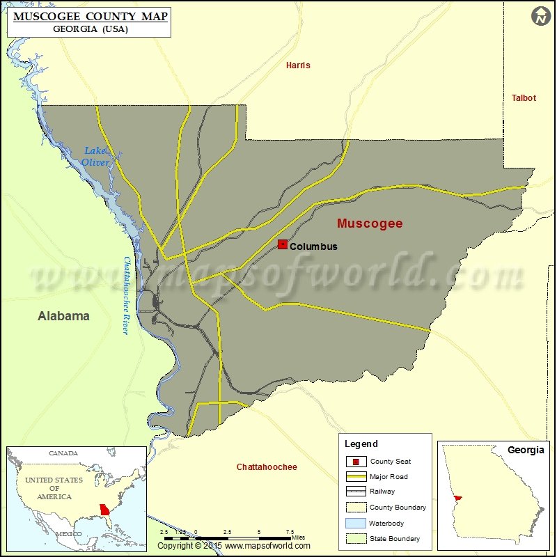 Map of Muscogee County, Georgia, showing major roads, railways, water bodies, and surrounding counties, with an inset map of Georgia and the U.S. indicating the county's location.