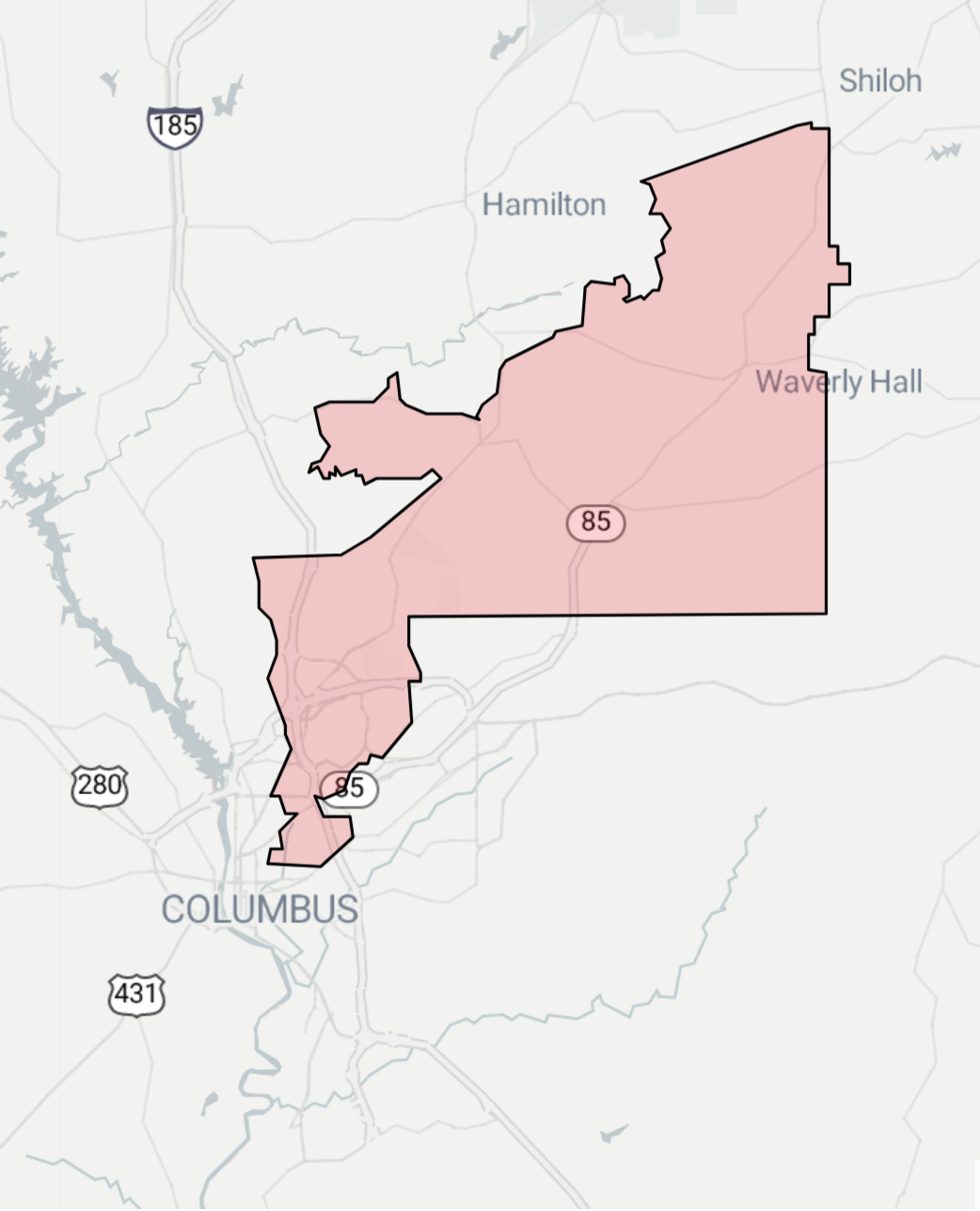 Map showing the city of Columbus, Ohio, and surrounding areas with highlighted administrative boundary in pink.