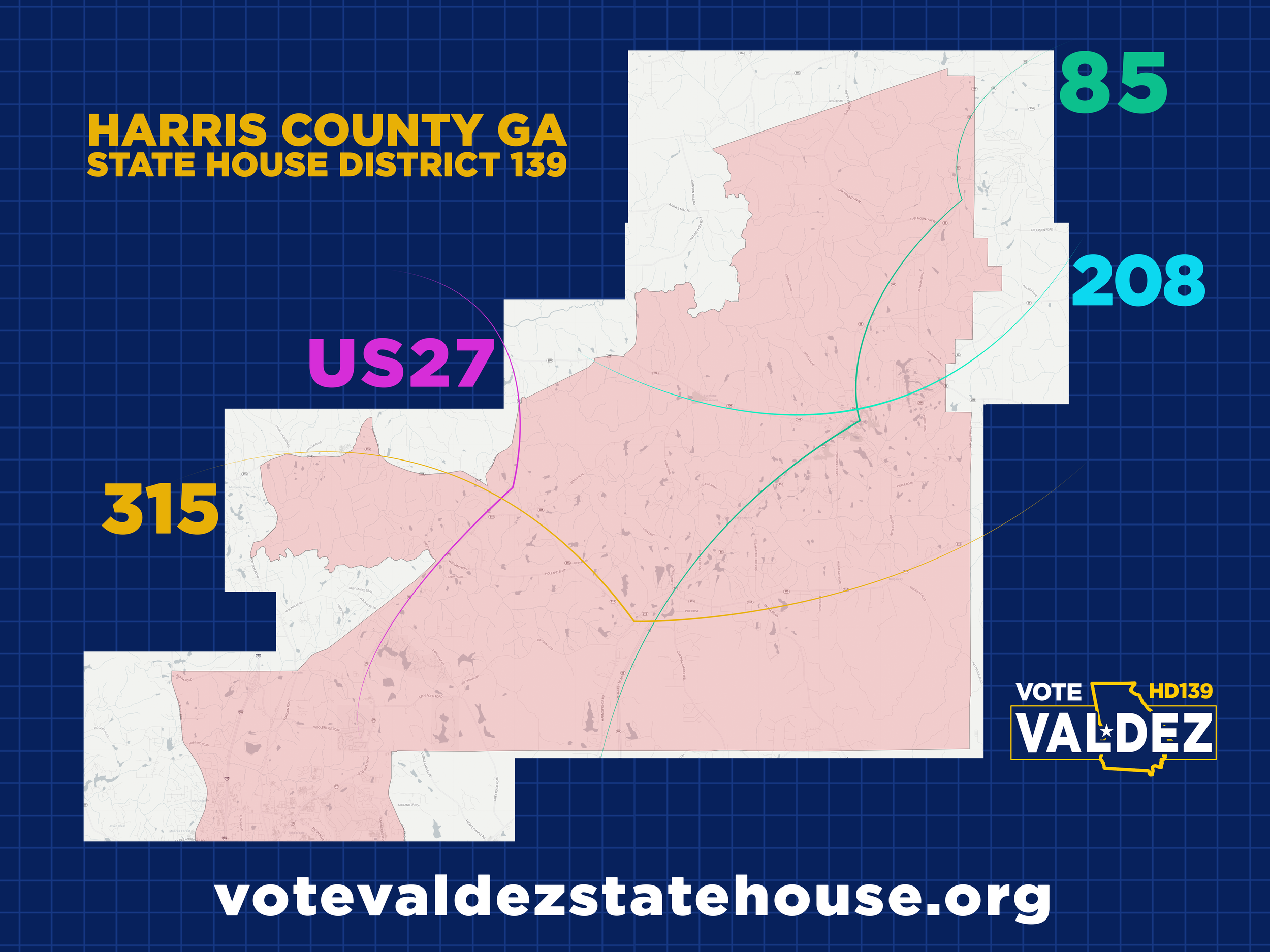 Map of Harris County, Georgia highlighting District 139 with election information and candidate promotion for Elliot Valdez.
