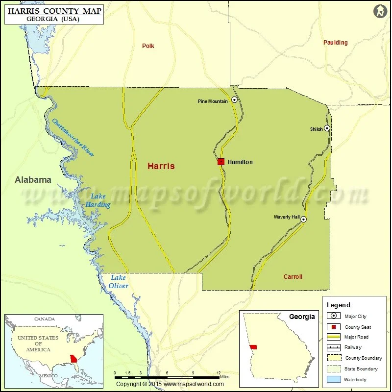 Map of Harris County, Georgia, showing major roads, railways, rivers, lakes, and the locations of the cities Hamilton, Pine Mountain, Shiloh, Waverly Hall, and Carroll. County boundaries and neighboring counties Polk and Paulding are also shown.