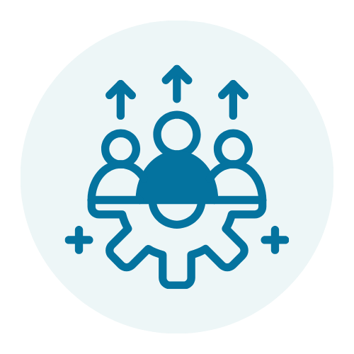 Icon of three people behind a gear, with upward arrows above the central figure, representing teamwork or leadership.