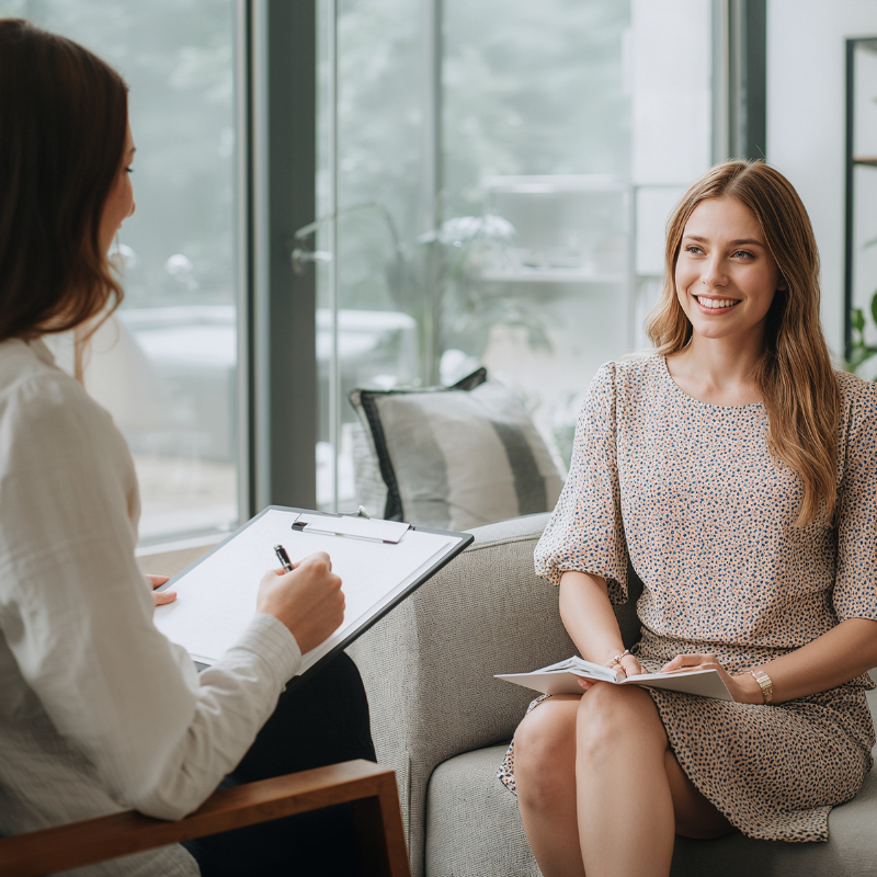 A woman with long brown hair sitting on a sofa, smiling, during a therapy or counseling session with a therapist who is taking notes on a clipboard.
