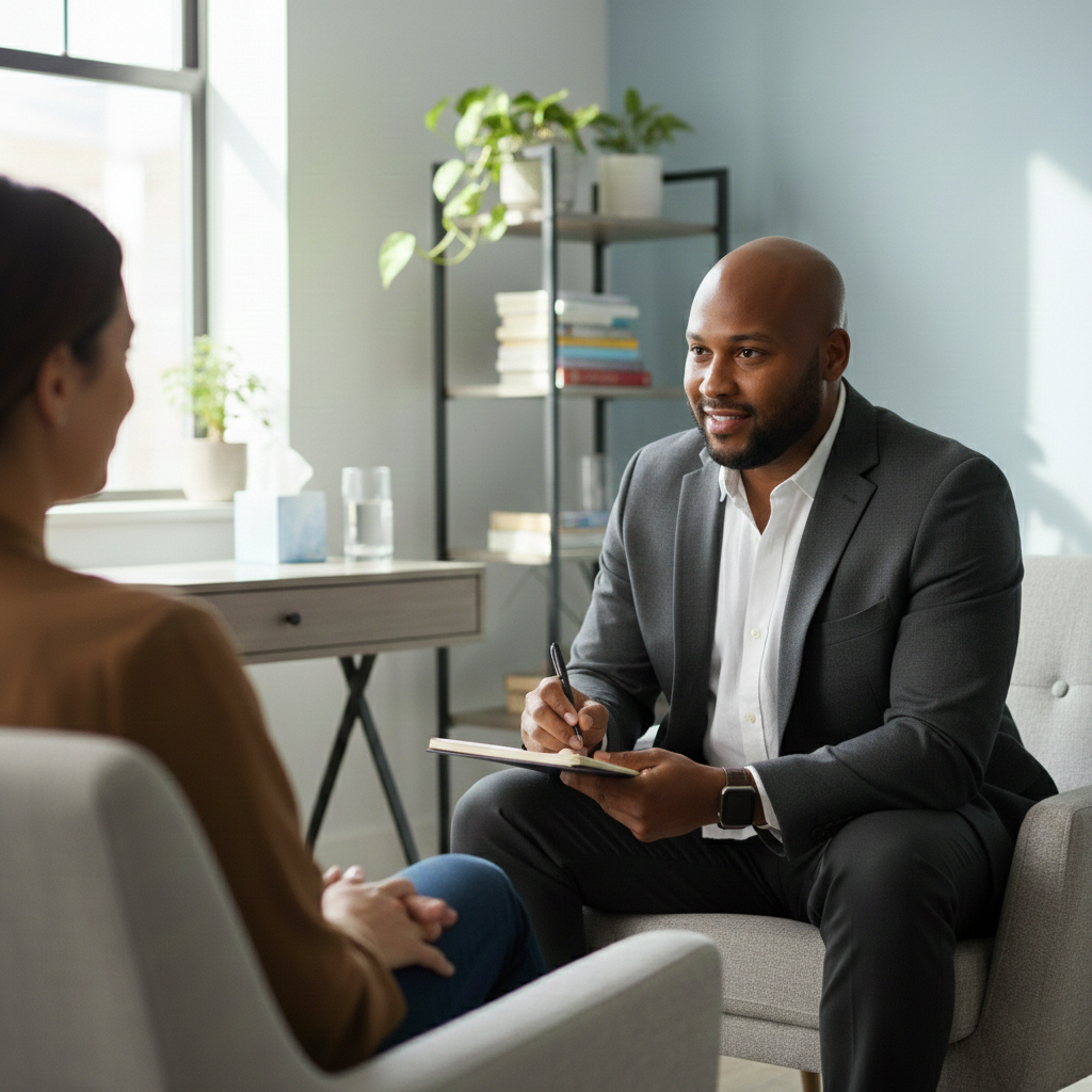 A man in a suit having a therapy or counseling session with a woman in an office setting.
