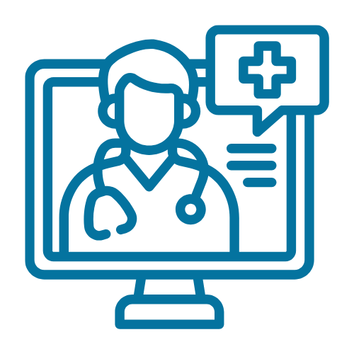 A computer screen displaying a medical professional with a stethoscope and a medical cross symbol.