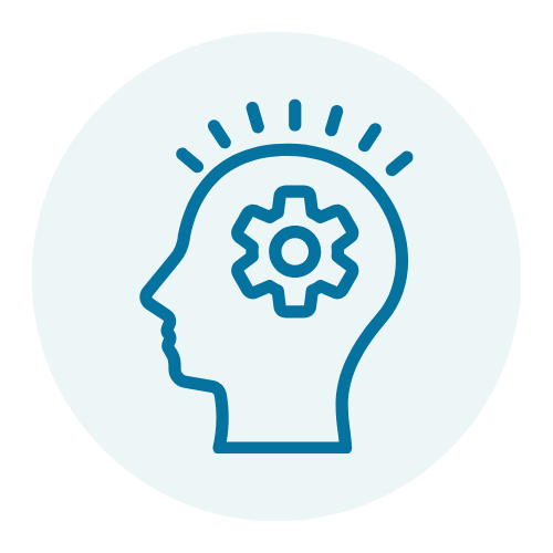 Icon of a human head profile with a gear inside and lines radiating outward, representing thinking or mental processes.