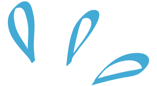 Stylized blue floral design with three leaf-like shapes.