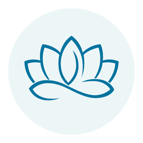 Minimalist blue lotus flower logo on a light blue circular background.