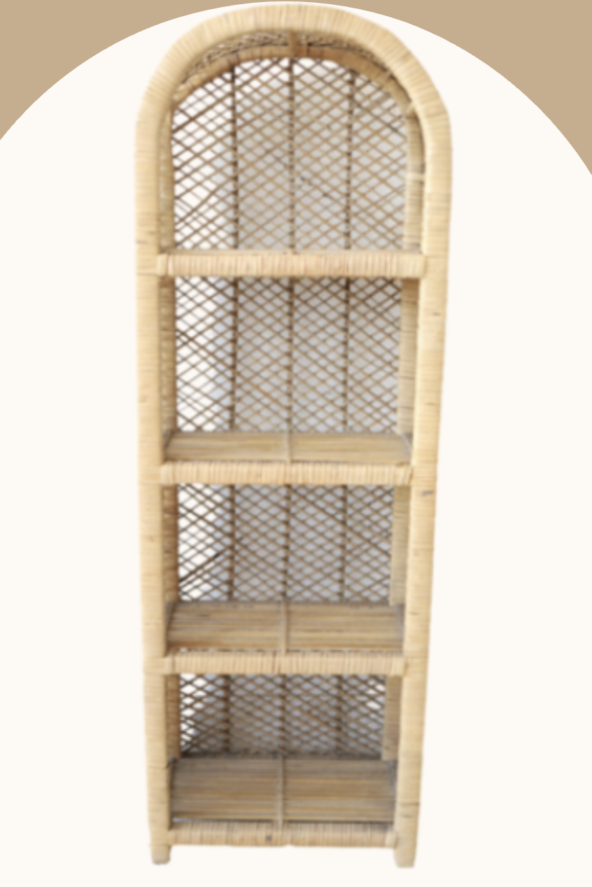 Tall four-tier rattan shelf with a rounded top and lattice sides.