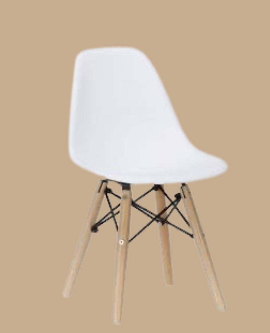 A modern white chair with wooden legs and black support braces, set against a beige background.