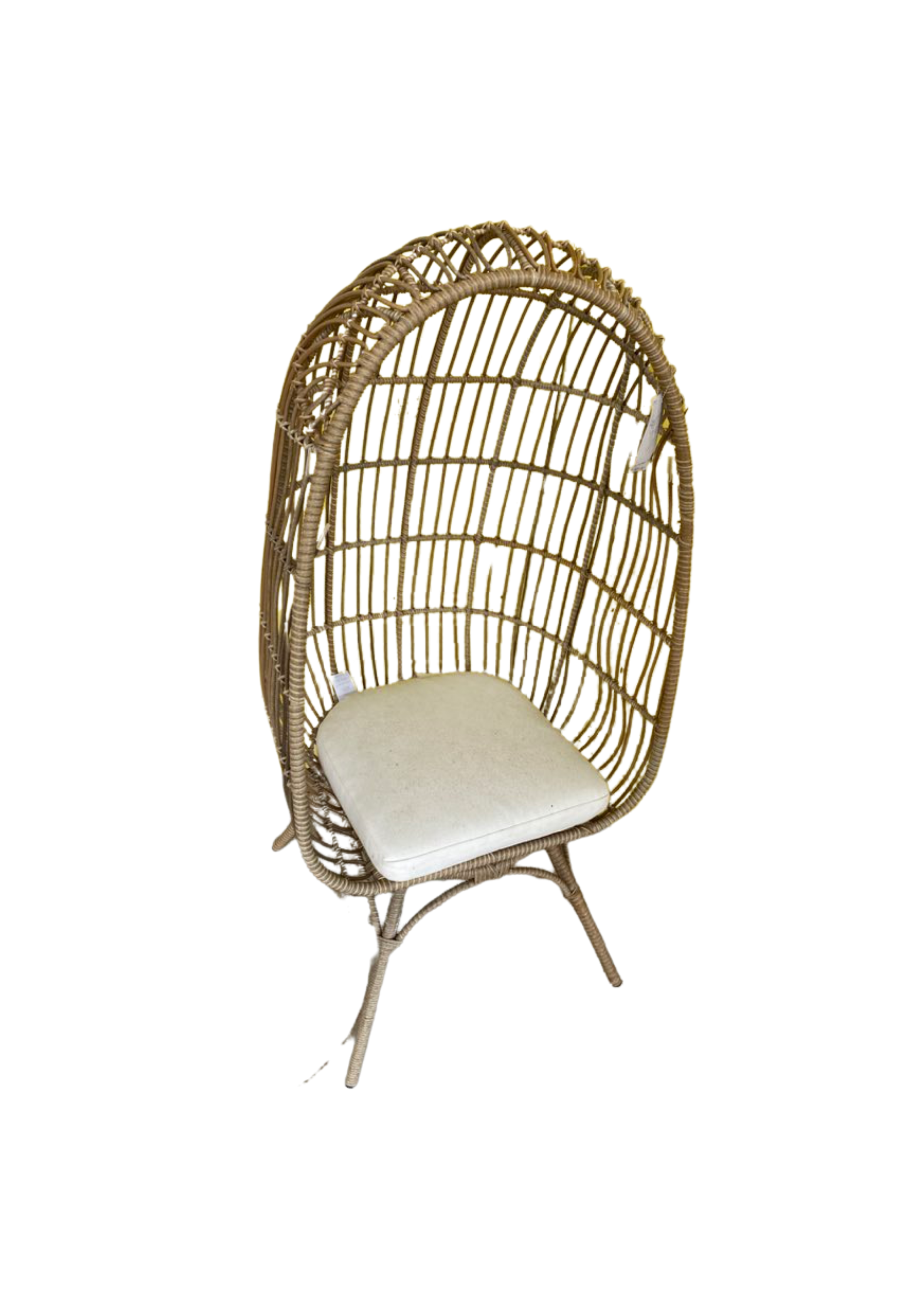 Wicker or rattan hanging chair with a cushion, set against a plain background.