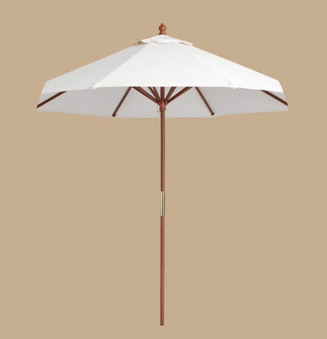 A white patio umbrella with a wooden pole and beige background.