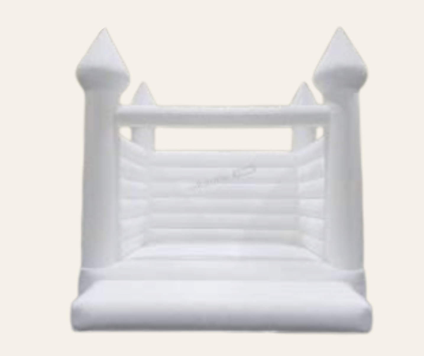 White miniature castle with four towers and a drawbridge.
