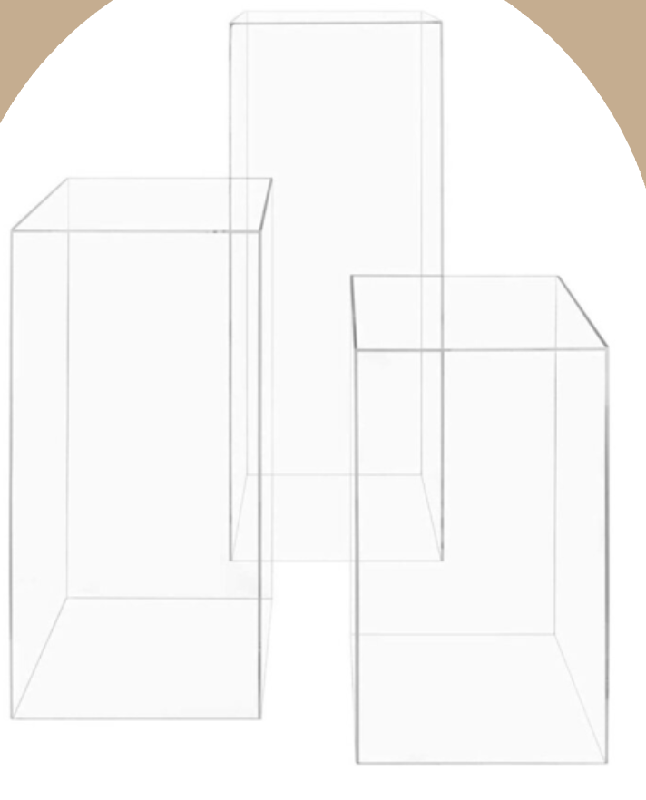 Line drawing of multiple transparent glass boxes of varying heights and sizes, arranged in a cluster.