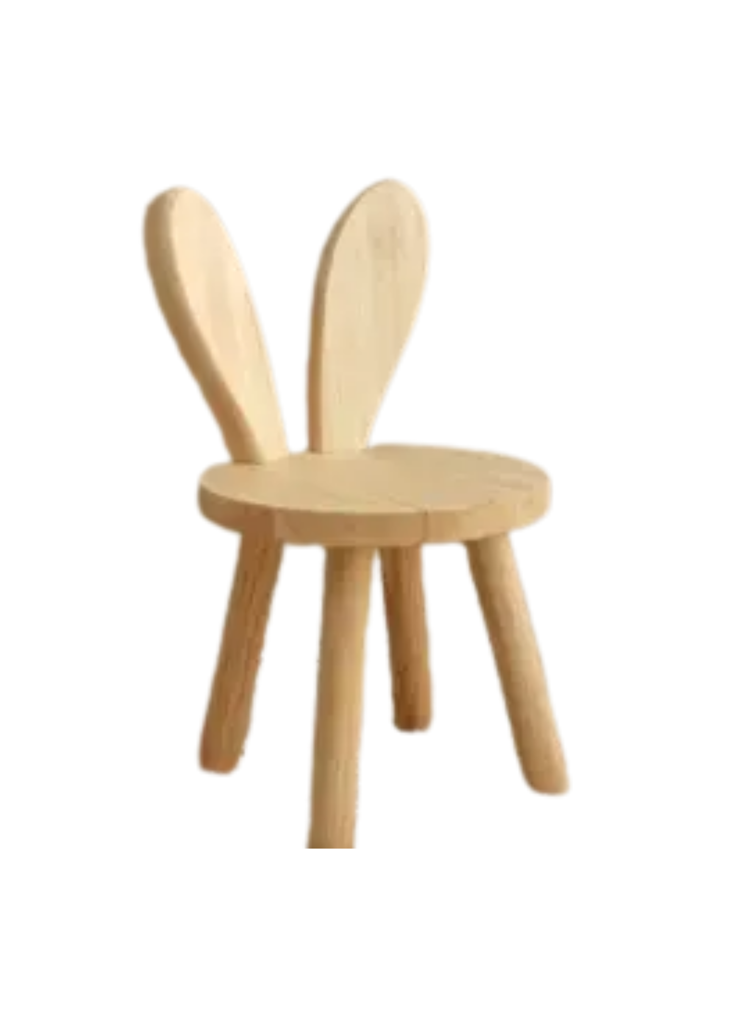 A small wooden chair with bunny ear-shaped backrest, against a beige background.