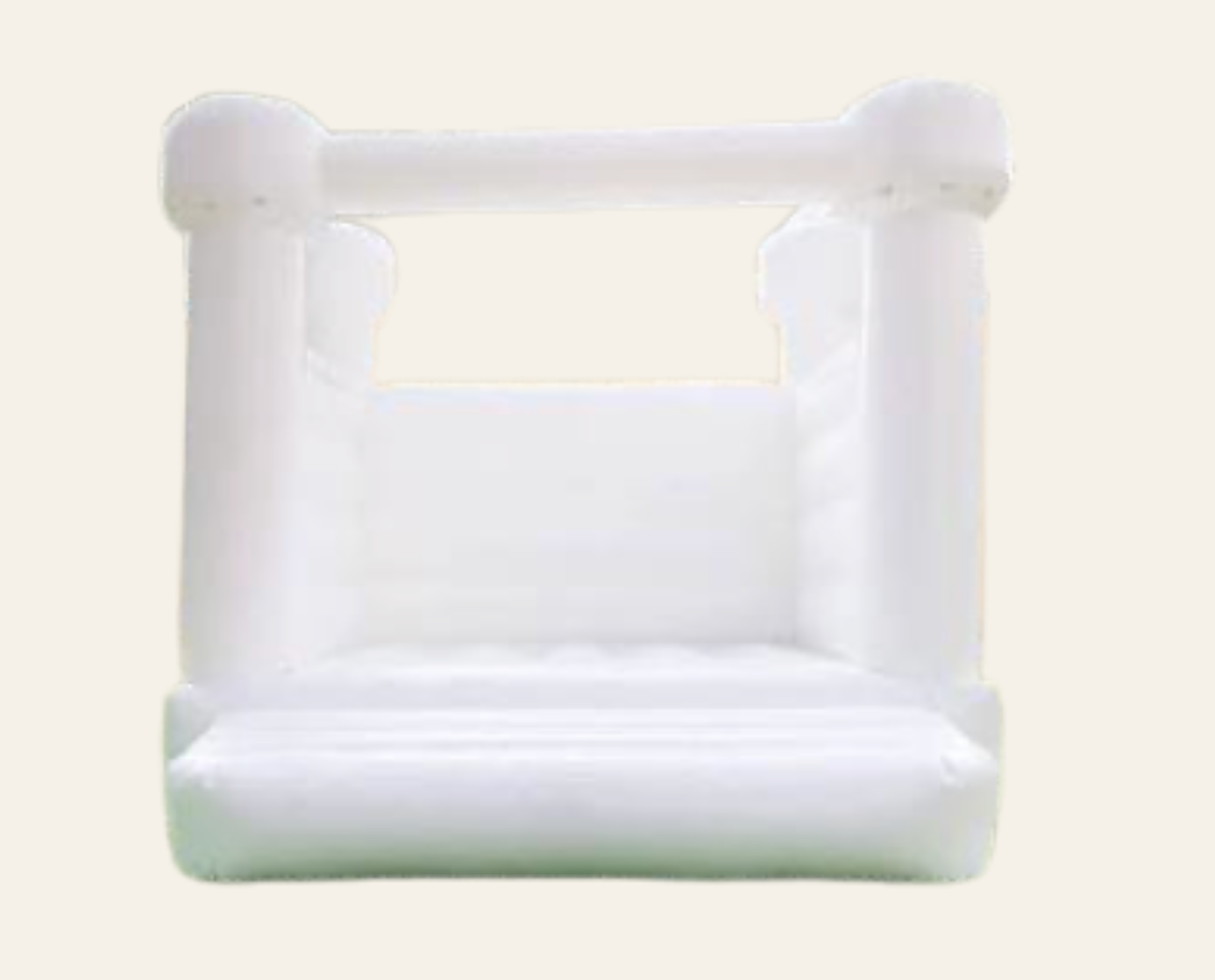 Inflatable white bounce house with a raised platform and enclosed sides, set against a plain background.