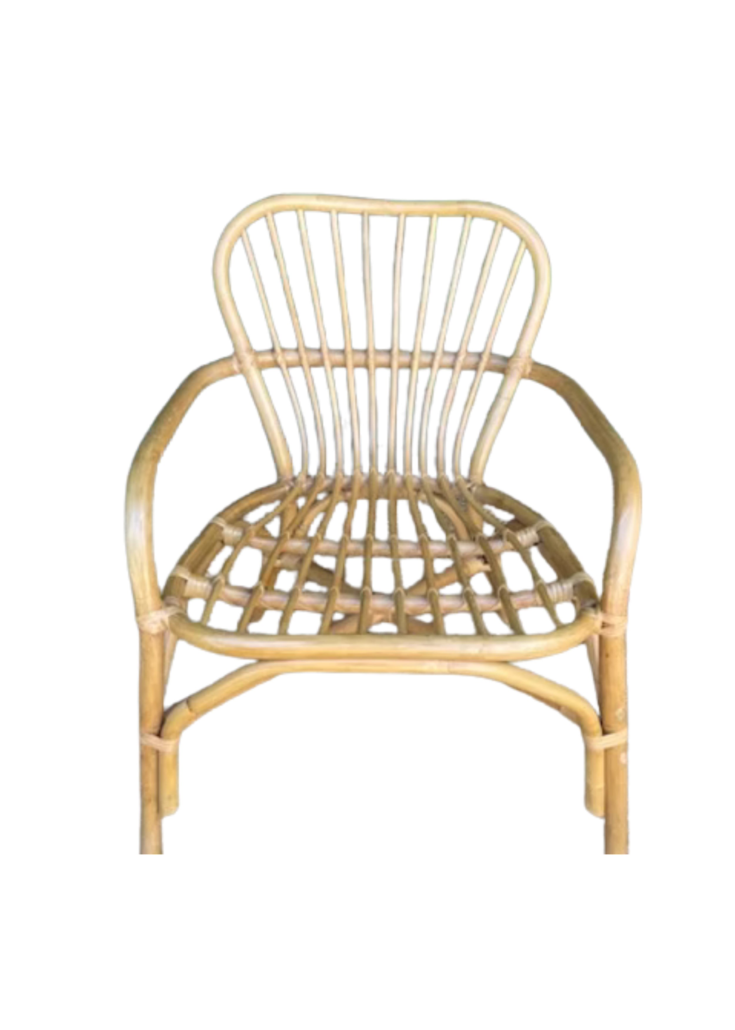 A wicker chair with a curved back and armrests, made of natural rattan material, against a plain background.