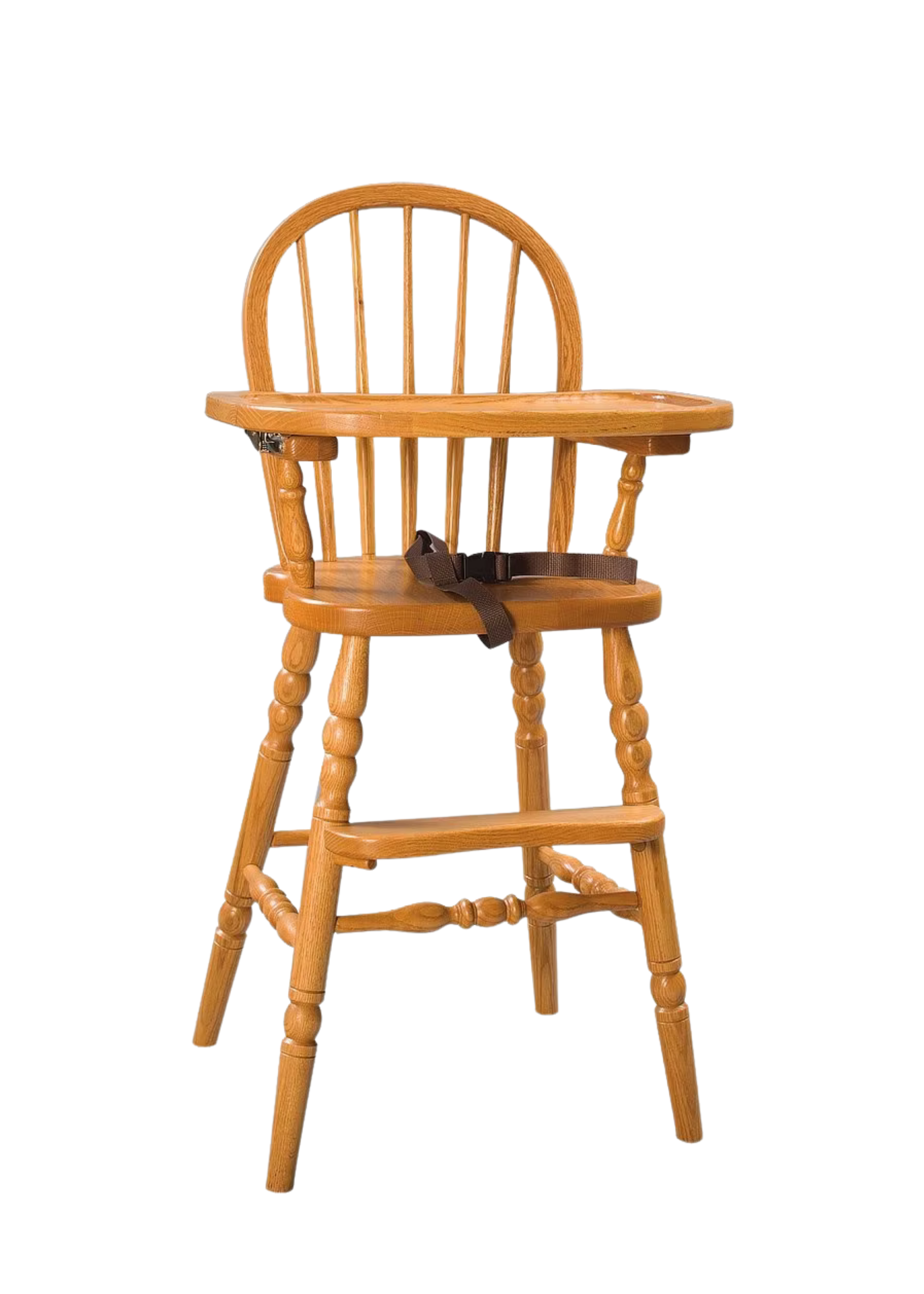 Wooden high chair with a black strap and a price of 50 dollars.