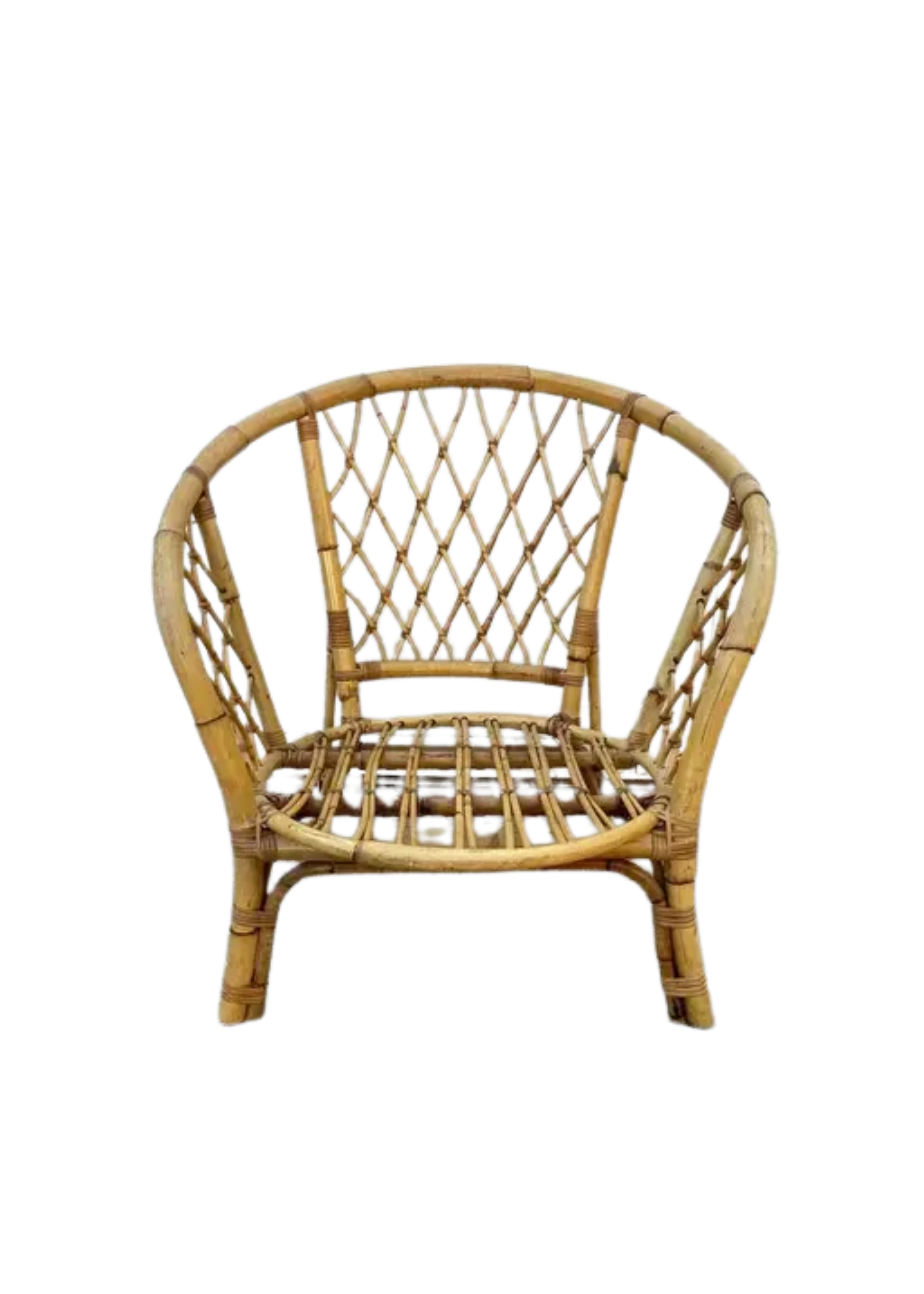 A wicker chair with a curved backrest and armrests, featuring a woven lattice design and a small cushion on the seat, against a plain background.