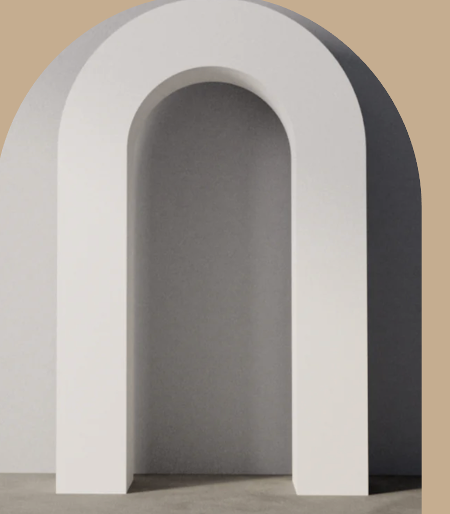 Minimalist white archway with curved top, set against a gray wall and beige background.