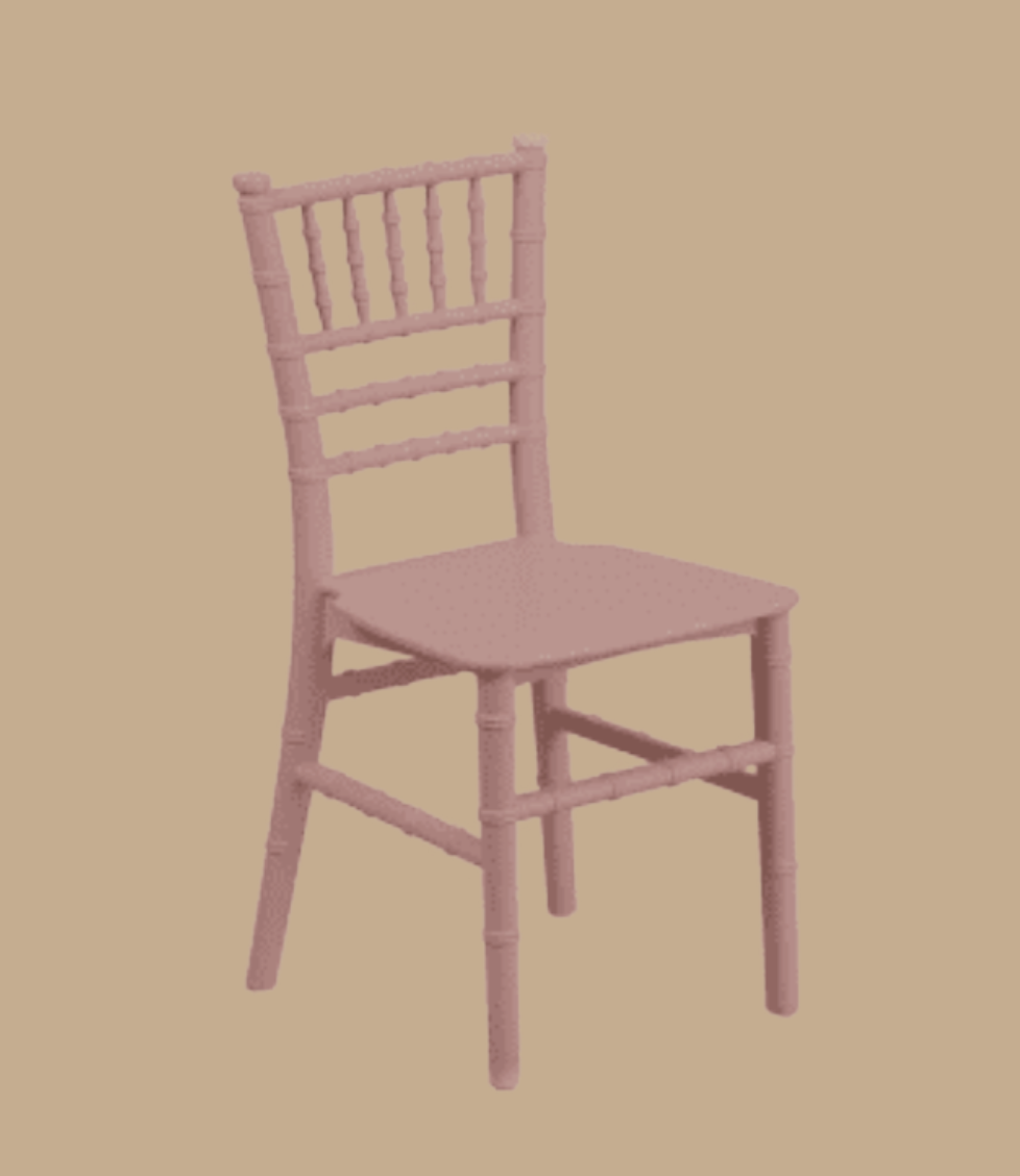 Pink wooden chair with a slatted backrest on a beige background.