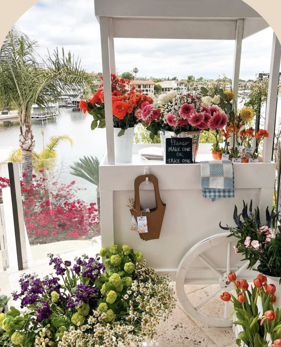Colorful flowers arranged in planters and vases on a cart at an outdoor setting by a waterway with houses and boats in the background.