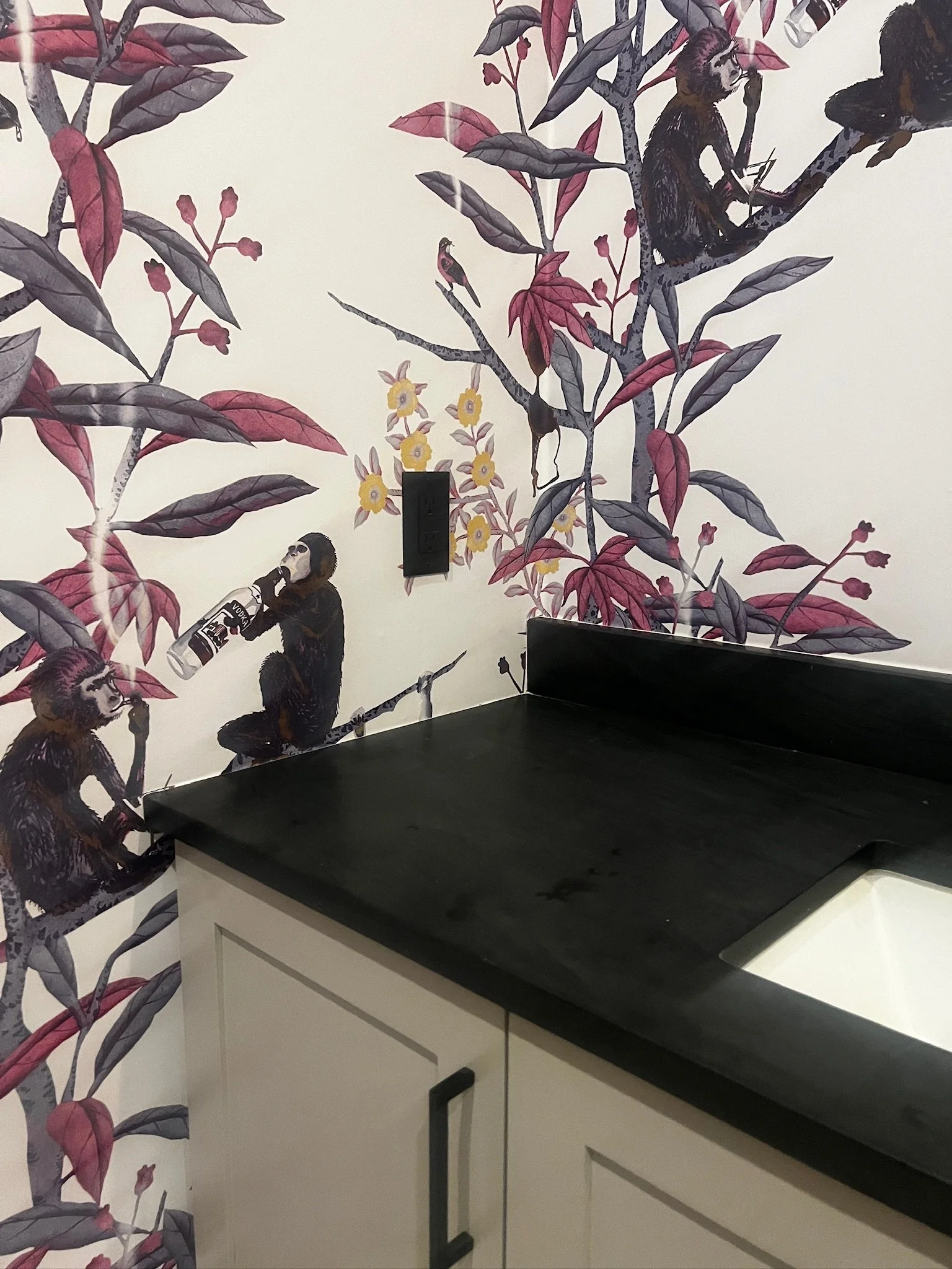 Wall with tropical mural featuring monkeys, birds, pink and gray leaves, and yellow flowers, next to a white cabinet with black countertop.