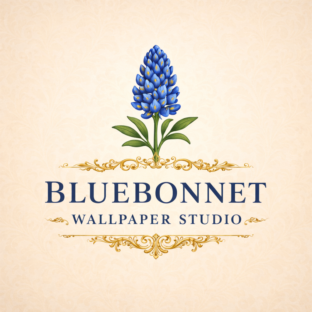 A logo with a blue hyacinth flower and ornate gold accents. Text reads 'BlueBonnet Wallpaper Studio'.