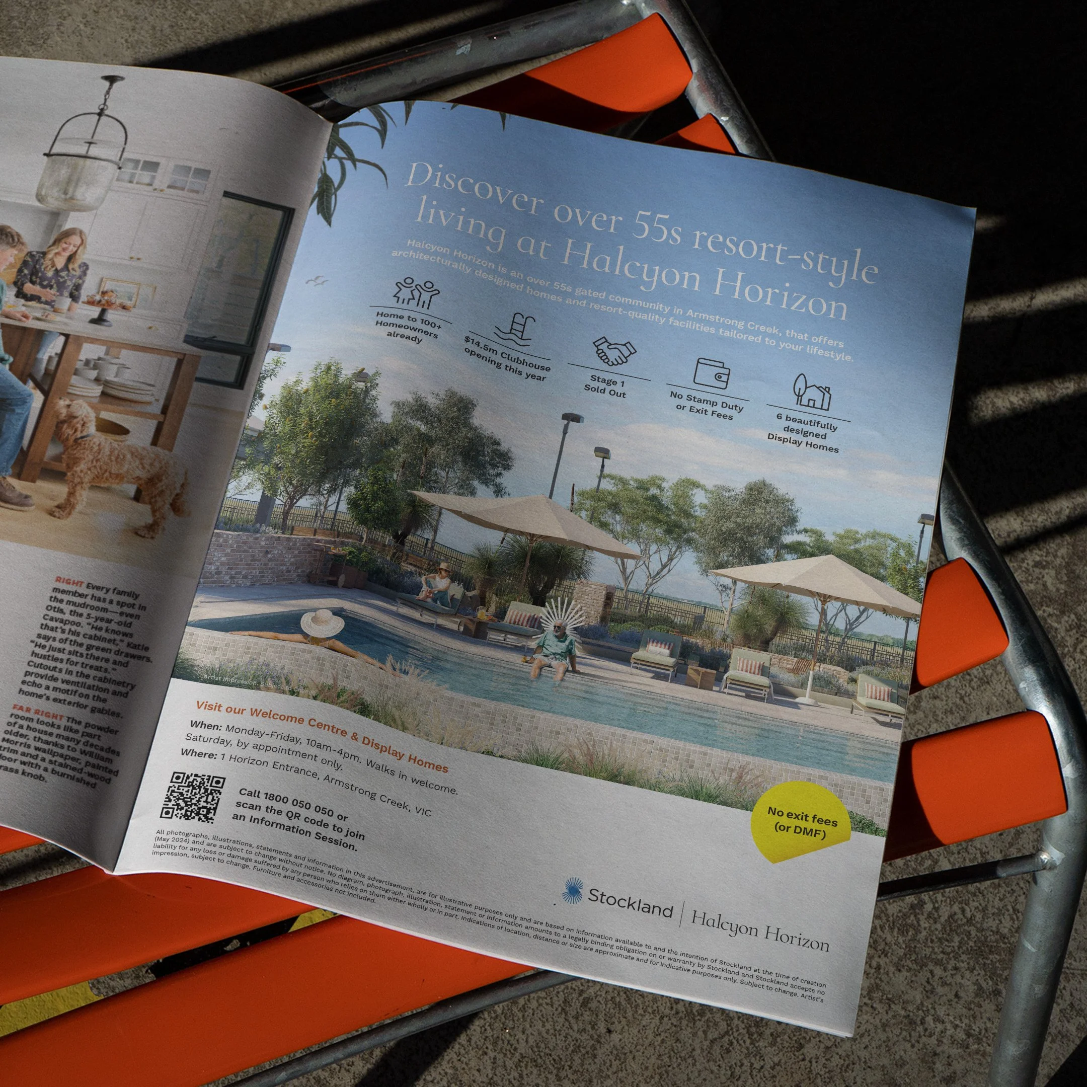 Advertisement for Halcyon Horizon, a resort-style community with over 55 homes, featuring a swimming pool with people lounging under umbrellas, and icons indicating homes for sale, clubhouse opening, no stamp duty or exit fees, and displayed homes.