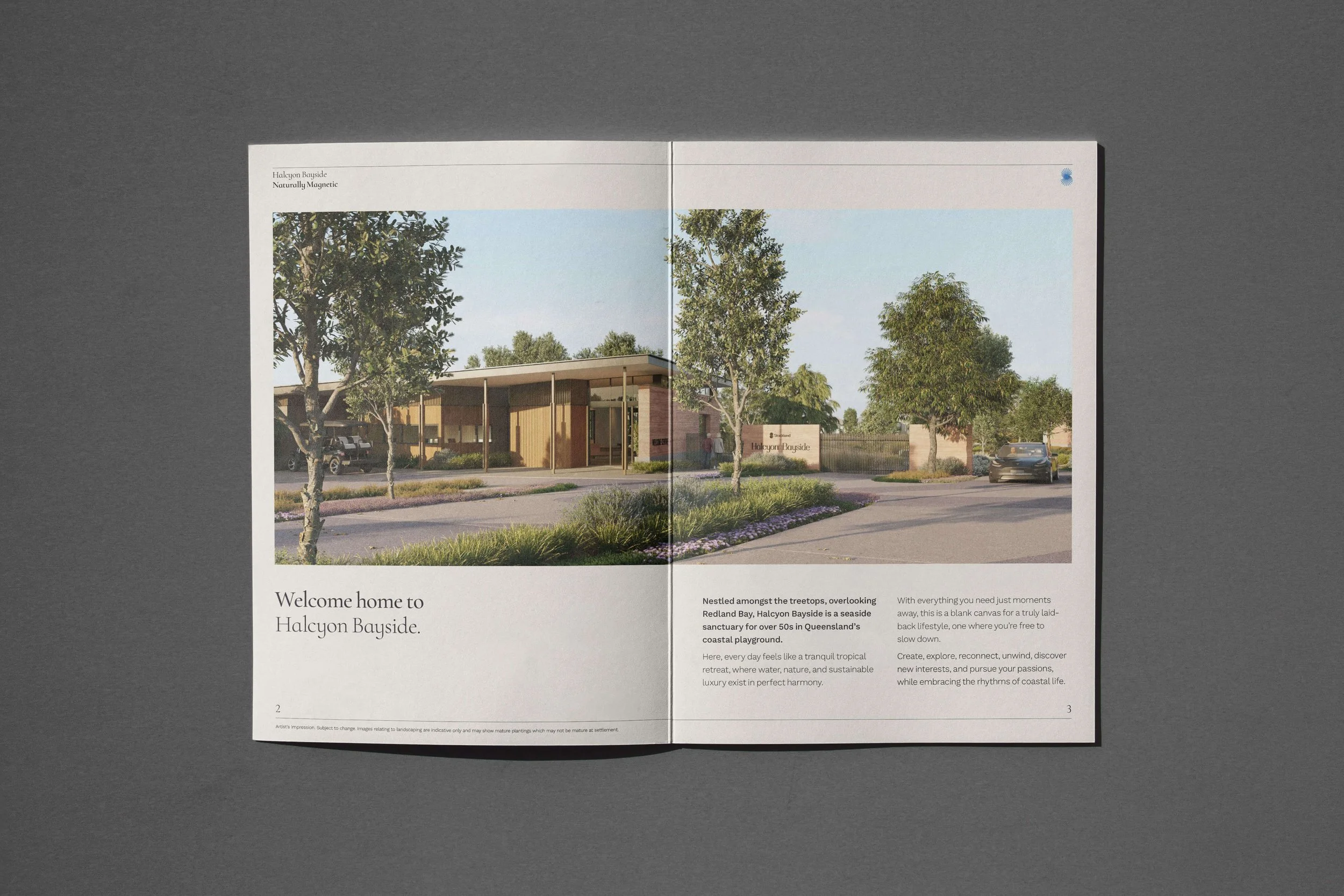 Open brochure featuring an image of a modern building entrance surrounded by trees and landscaping at Halcyon Bayside, with text welcoming visitors to the community.