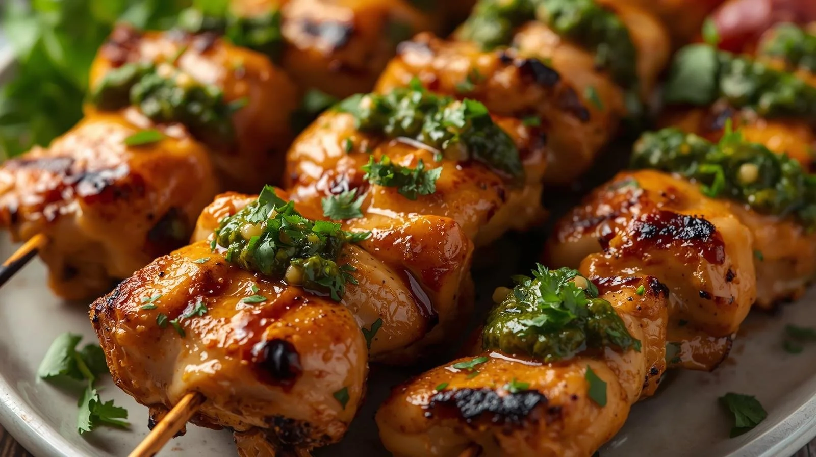 Close-up of skewered grilled chicken pieces garnished with chopped cilantro and green herbs, with a glossy glaze.